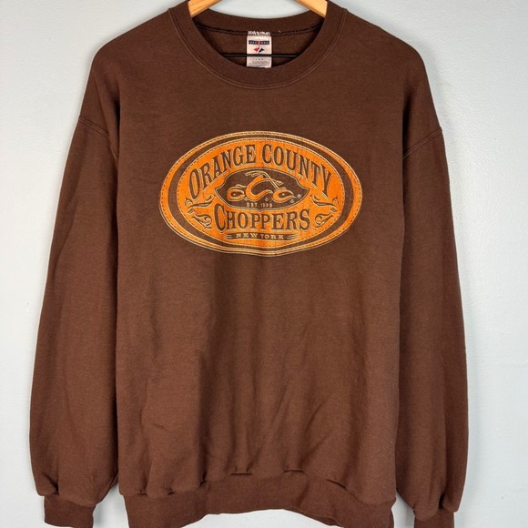 VTG Y2K Jerzees Orange County Choppers Sweatshirt Men's Large‎ Brown Crewneck - Picture 2 of 3